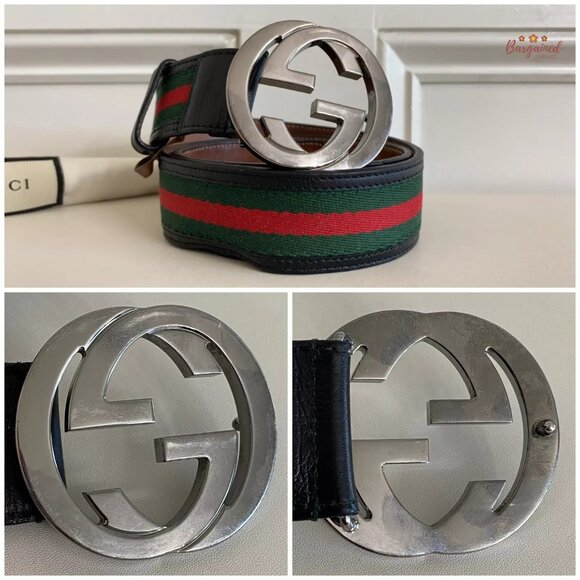 Authentic Gucci Web Canvas Black Leather Silver Interlocking G Buckle Belt 85/34 - Picture 2 of 12